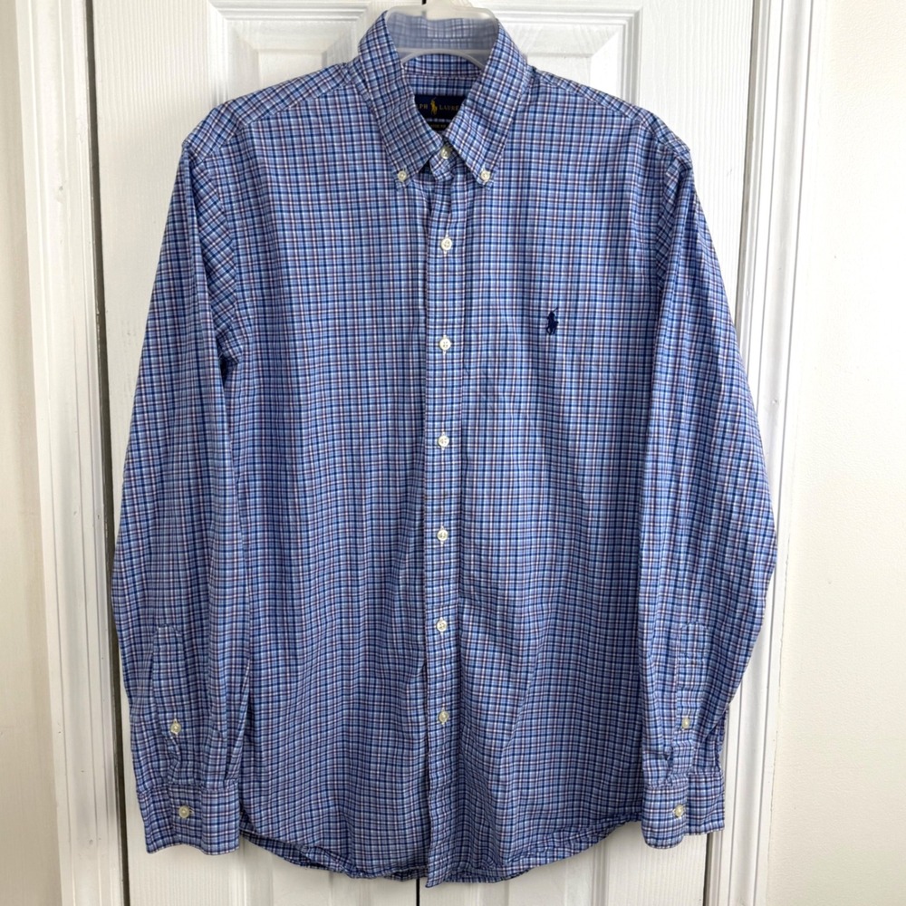 Ralph Lauren Classic Fit Plaid Button Down Shirt Mens L Blue Preppy